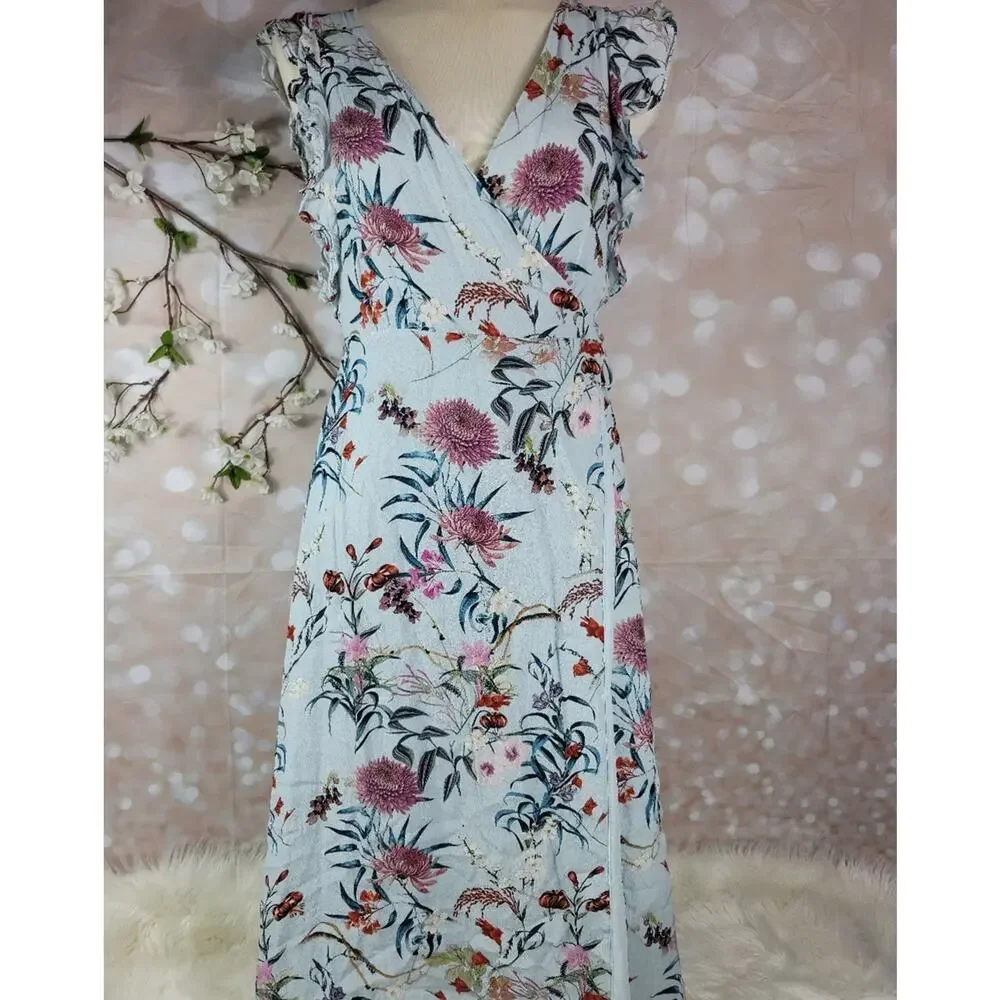 WILLOW & CLAY Blue Granny Floral Print Wrap Midi Dress Ruffle Sleeve Boho Chic